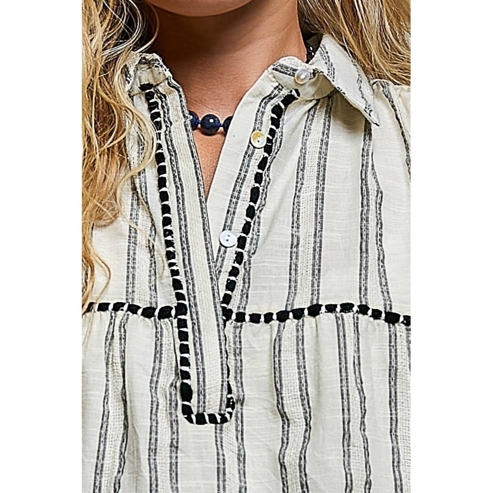 POL Striped Ruffle Collared Sleeveless Cotton Top - Grey - Medium - Picture 6 of 6